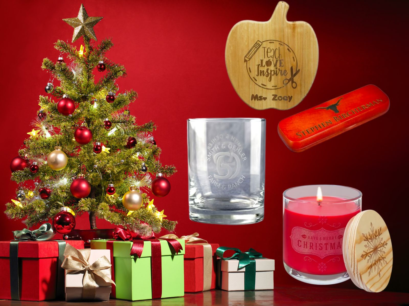 Personalized Christmas gifts including engraved cutting board, glass, candle, and holiday decor with festive tree and presents