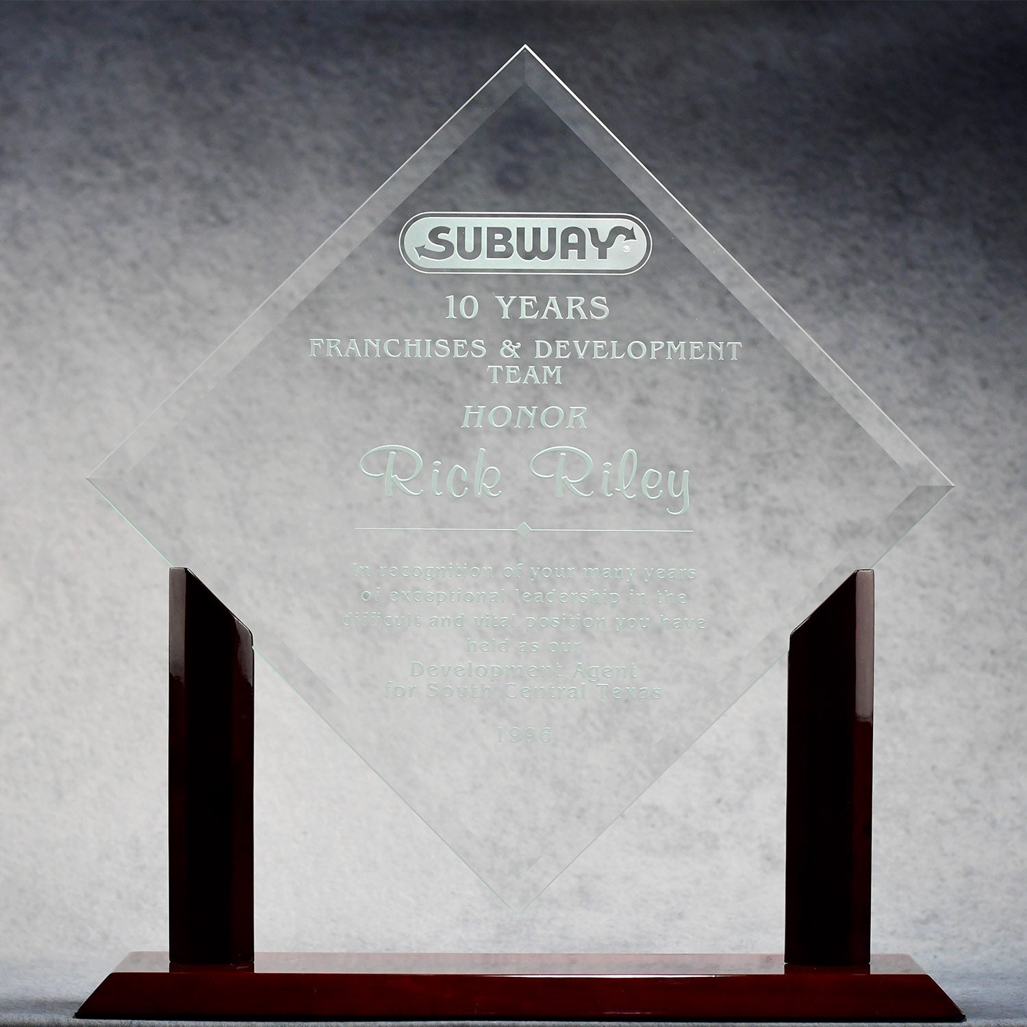 Jade Crystal Diamond on Piano Wood Base - Monarch Trophy Studio