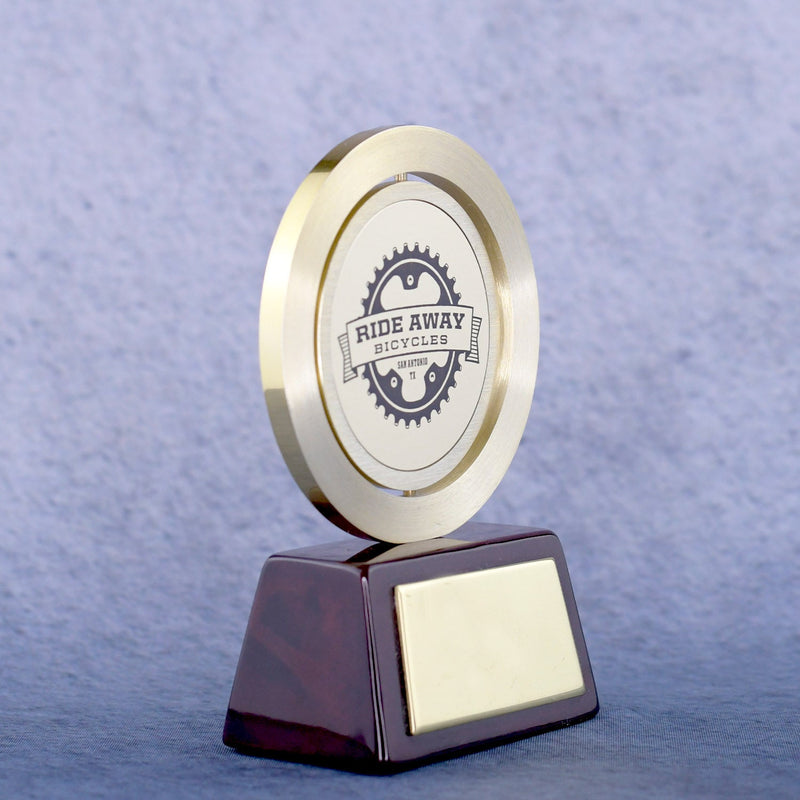 Gold Spinning Medal on Rosewood Base - Monarch Trophy Studio