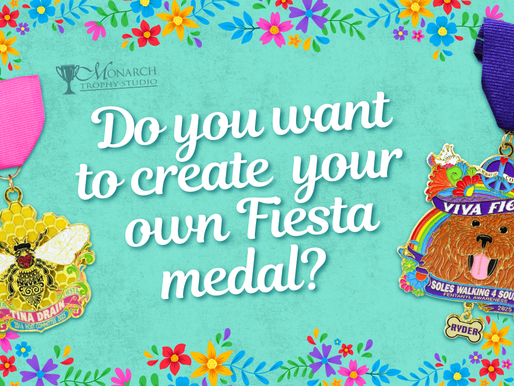 Custom Fiesta medal designs with colorful flowers and dog theme for events and awareness campaigns