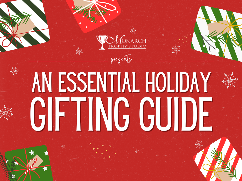 Holiday gifting guide with festive presents and snowflakes on red background