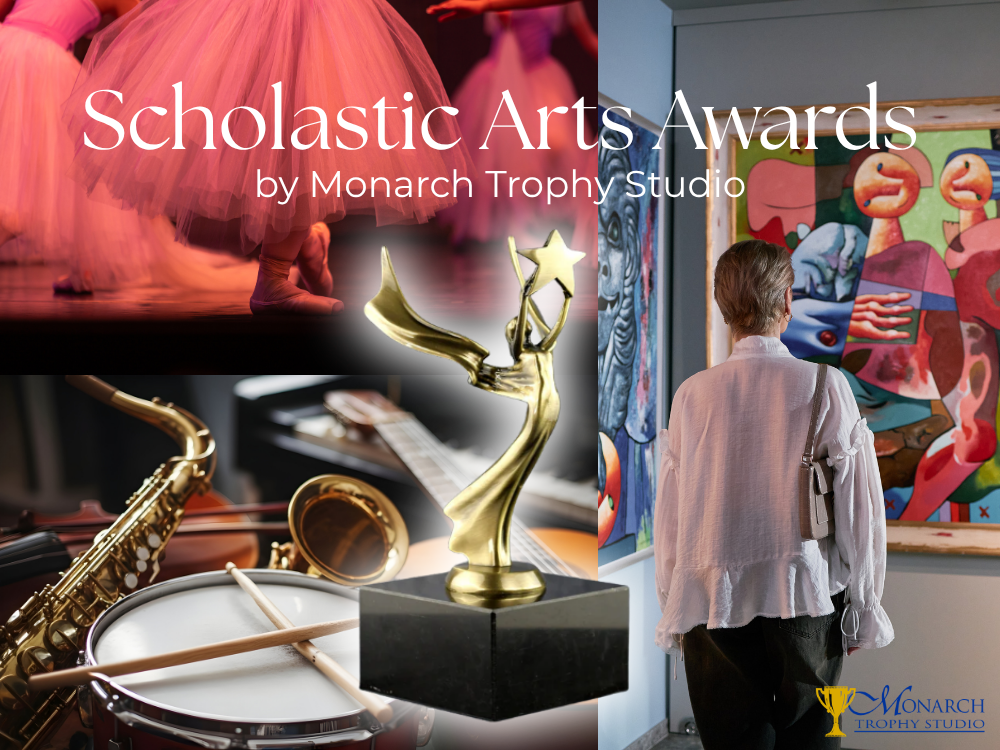 Scholastic Arts Awards trophy with saxophone, drum, and ballet dancer background