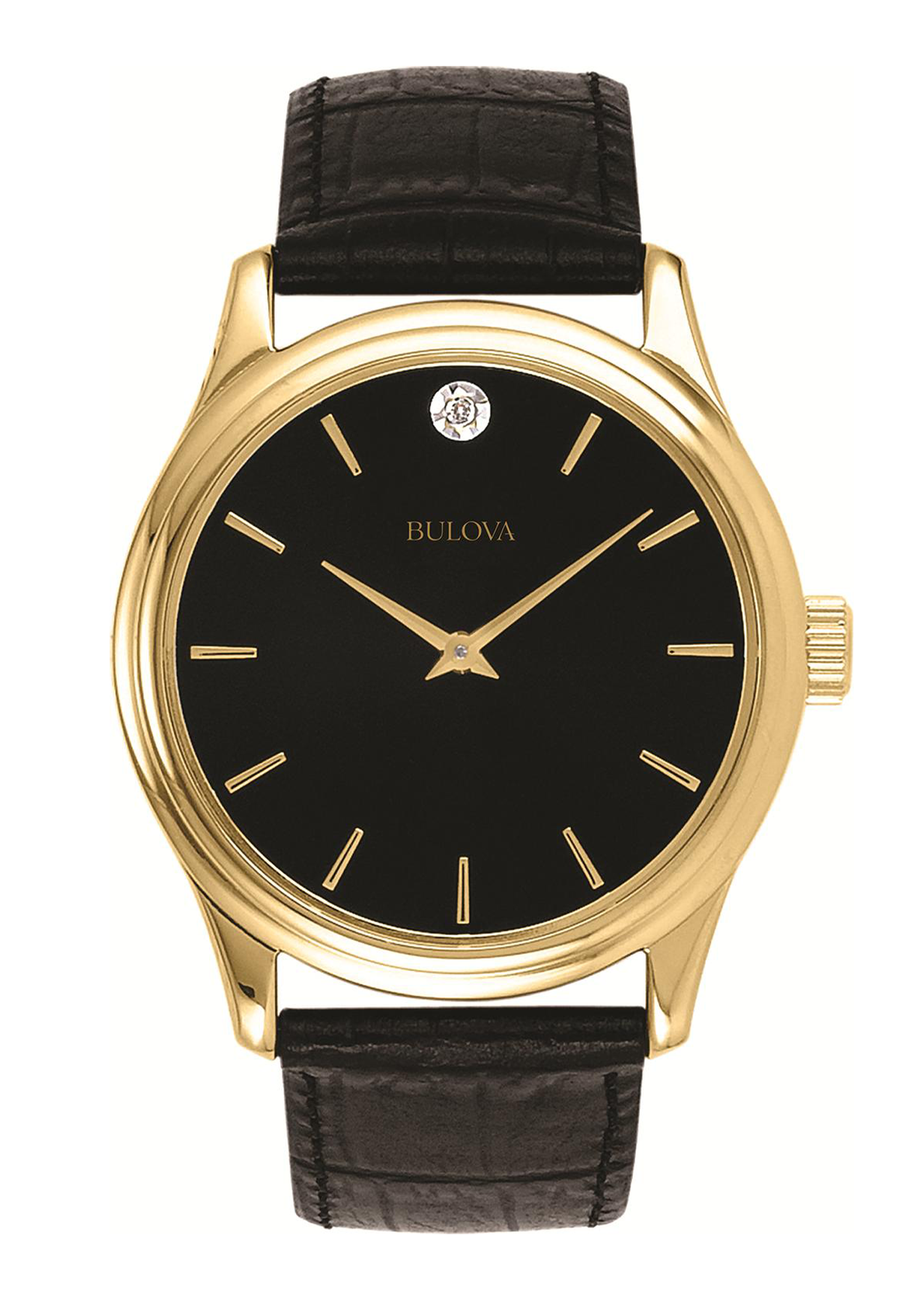 Bulova Corporate Collection Men's Black Leather Strap Watch with Black Diamond Dial