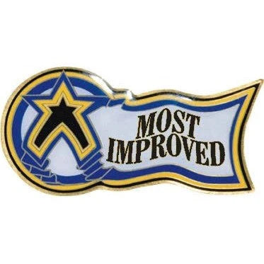 Most Improved award pin with star emblem, ideal for sports or scholastic recognition