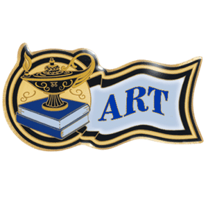 Art trophy pin with blue book and lamp design for scholastic achievement awards