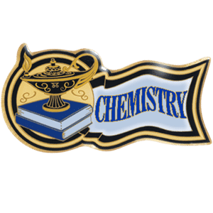 Chemistry trophy pin with book and lamp design for scholastic achievement awards