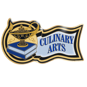 Culinary Arts trophy emblem with chef’s hat, books, and banner design for awards and recognition.