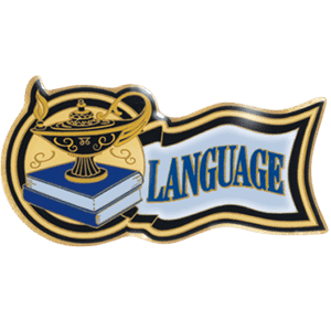 Language trophy emblem with book and lamp design for scholastic achievement awards