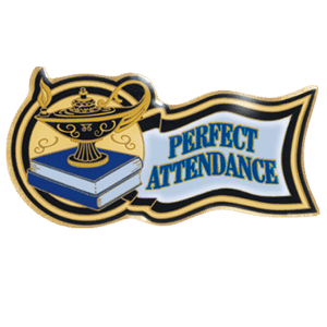 Perfect Attendance award pin with trophy and book design for scholastic achievement