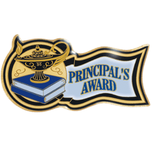 Principal's Award pin featuring a trophy and book, ideal for scholastic achievement recognition.