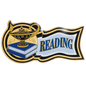 Reading award emblem with book and lamp, ideal for scholastic achievement trophies