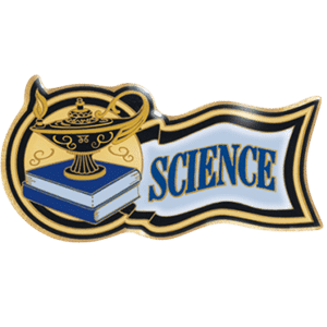 Science trophy pin with book and lamp design for scholastic achievement awards
