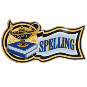 Spelling trophy pin with book and lamp design for scholastic achievement awards