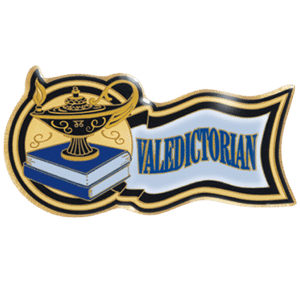 Valedictorian award pin with trophy and book design, ideal for scholastic achievement recognition