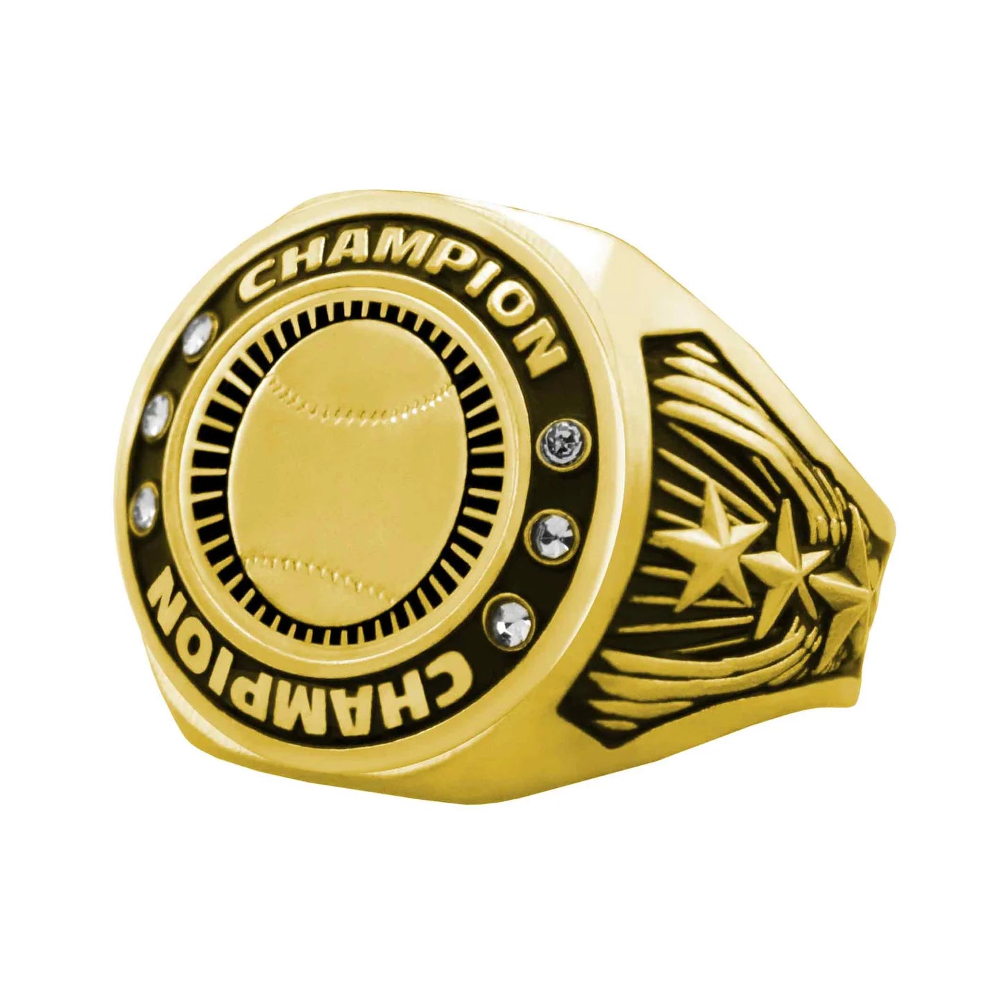Gold baseball champion ring with stars, crystals, and engraved 'CHAMPION' for sports awards