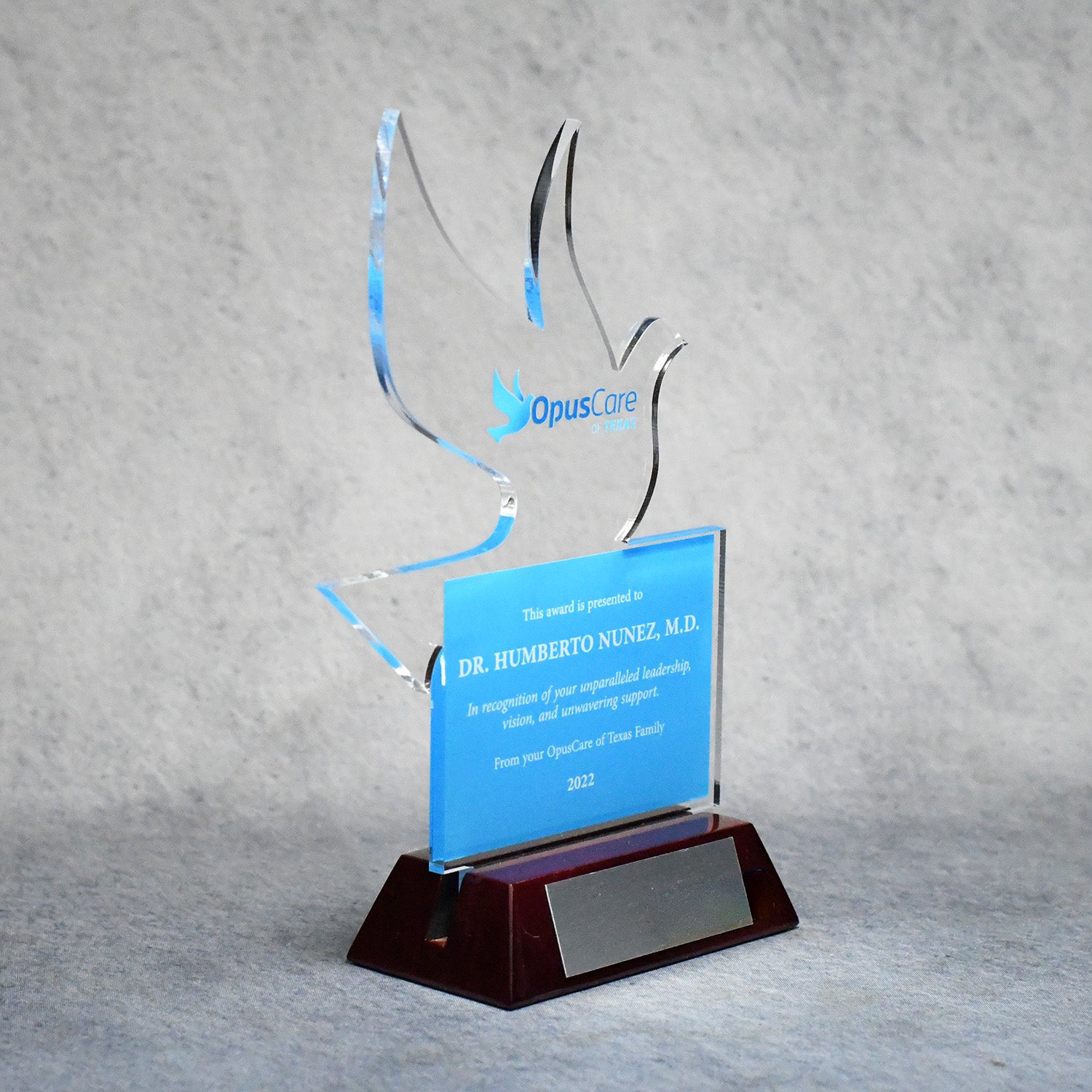 Custom Shape Acrylic Award on Rosewood Base