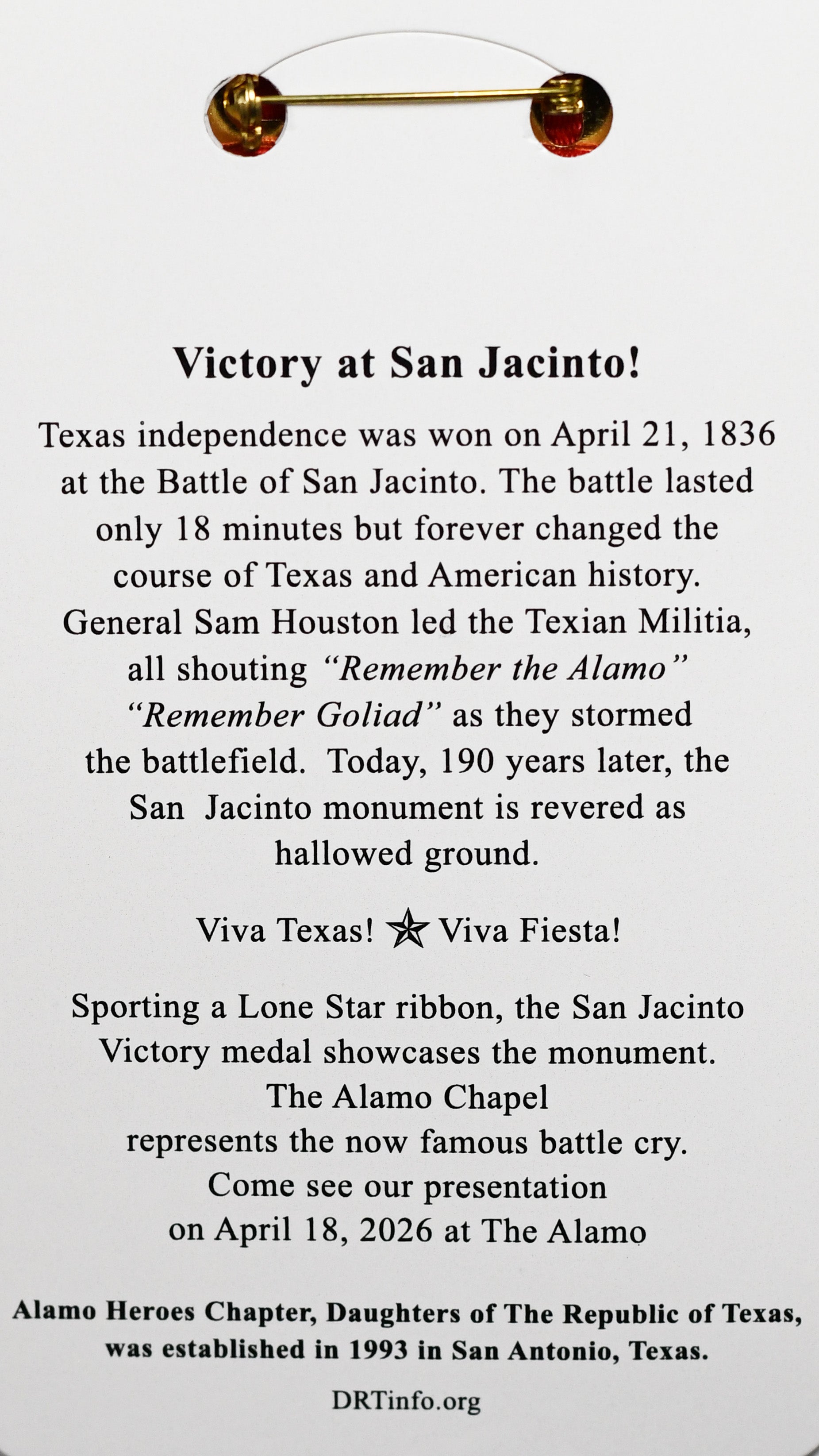 Daughters of The Republic of Texas Alamo Heroes Chapter 2026 Fiesta Medal