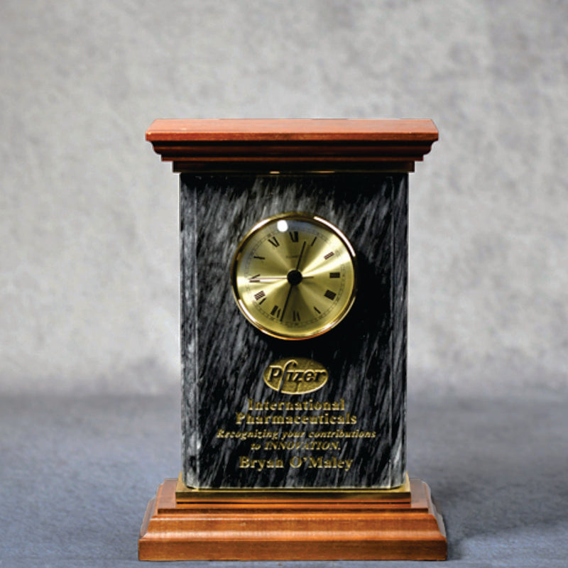 Black Marble Clock on Wooden Base - Monarch Trophy Studio