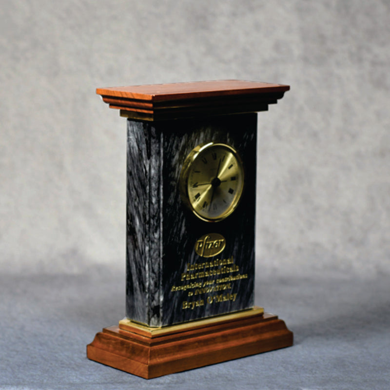 Black Marble Clock on Wooden Base - Monarch Trophy Studio