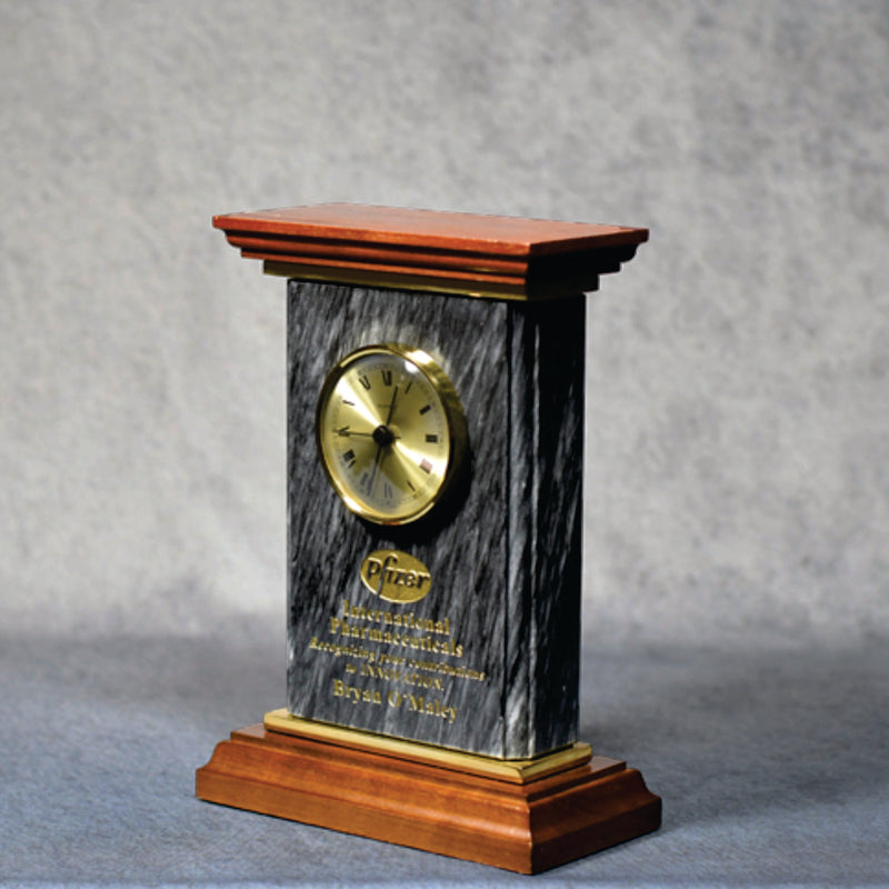 Black Marble Clock on Wooden Base - Monarch Trophy Studio