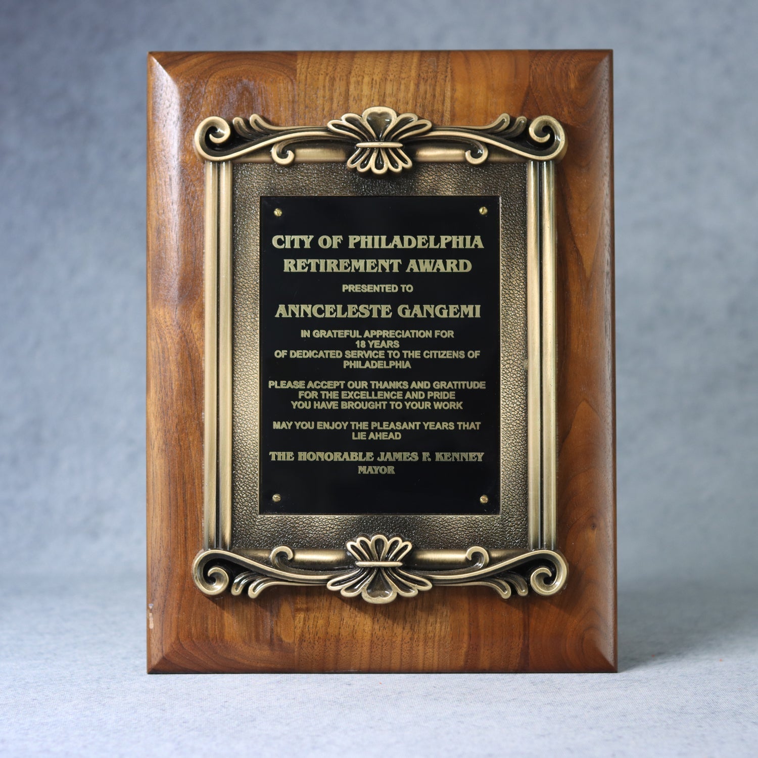 Solid Walnut Plaque with Antique Gold Metal Scroll Frame - Monarch Trophy Studio