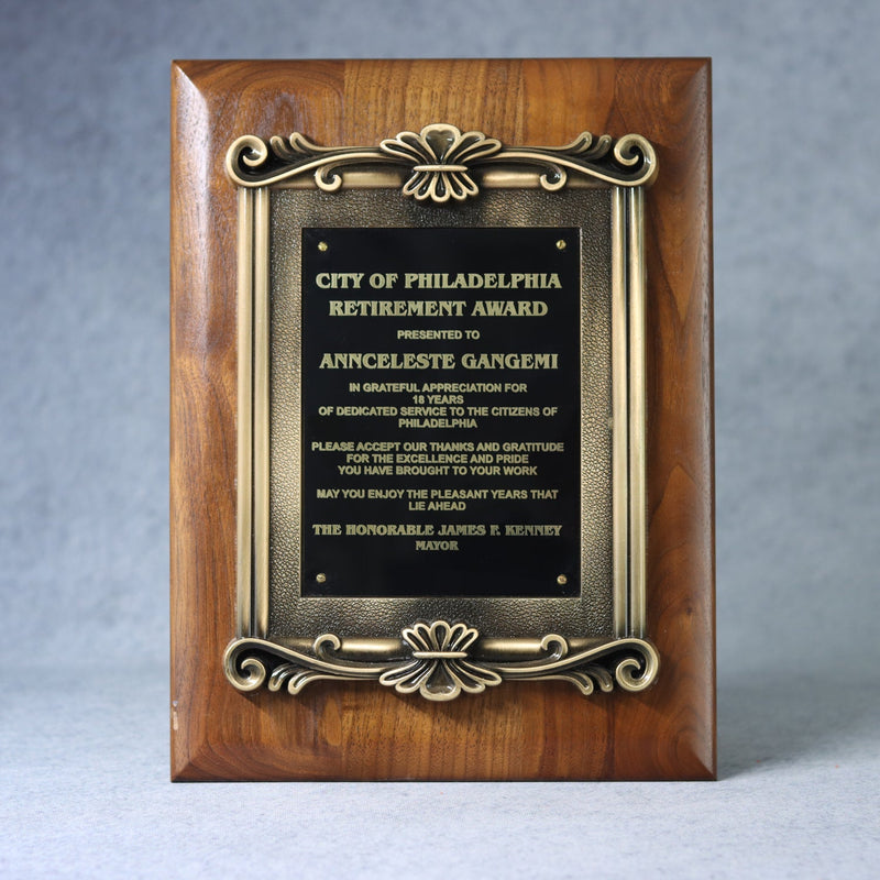 Solid Walnut Plaque with Antique Gold Metal Scroll Frame - Monarch Trophy Studio