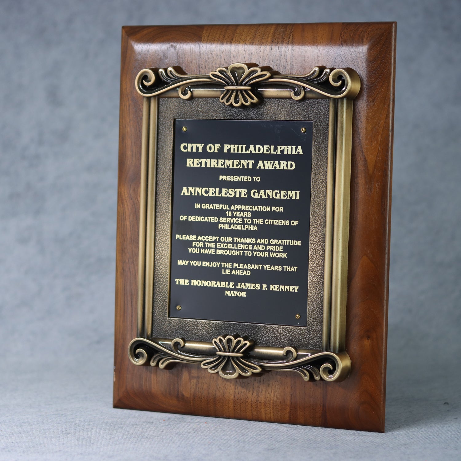 Solid Walnut Plaque with Antique Gold Metal Scroll Frame - Monarch Trophy Studio