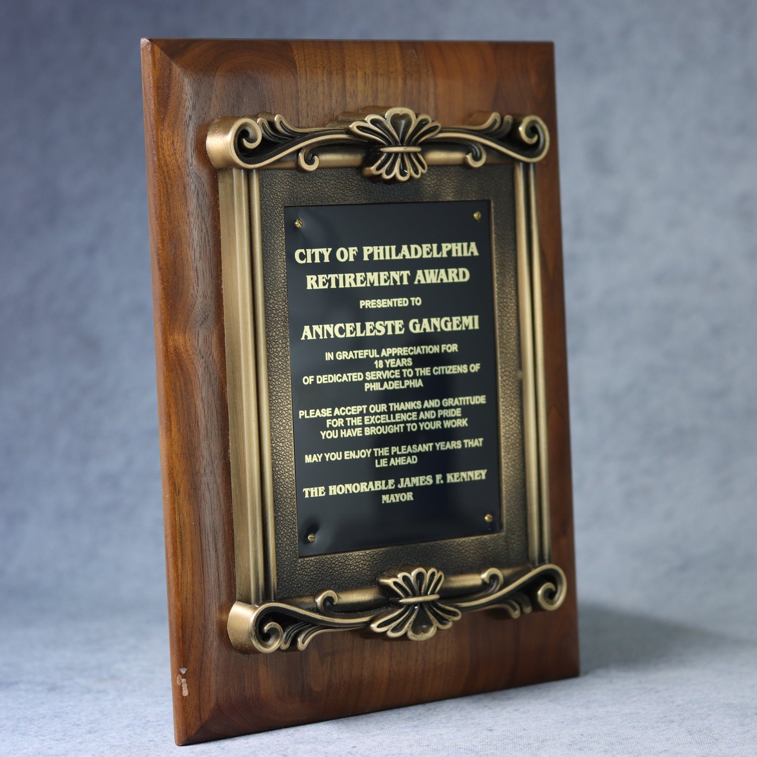 Solid Walnut Plaque with Antique Gold Metal Scroll Frame - Monarch Trophy Studio