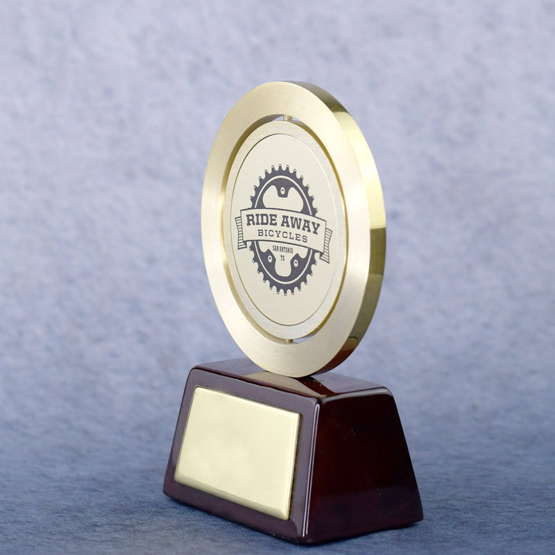 Gold Spinning Medal on Rosewood Base - Monarch Trophy Studio