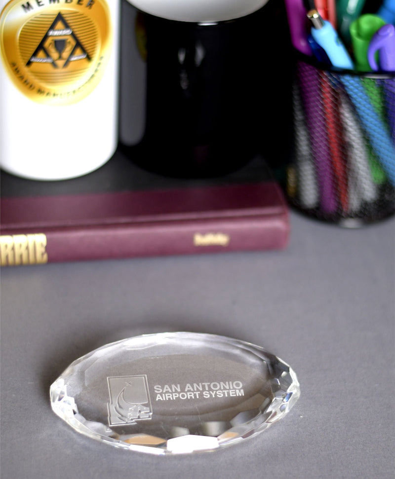Crystal Oval Multi-Faceted Paper Weight - Monarch Trophy Studio
