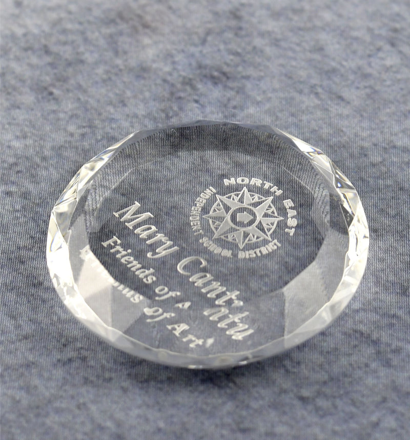 Crystal Round Multi-Faceted Paper Weight - Monarch Trophy Studio