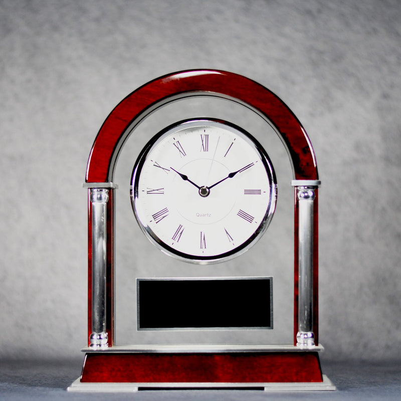 Rose Wood and Silver Arched Mantle Clock - Monarch Trophy Studio