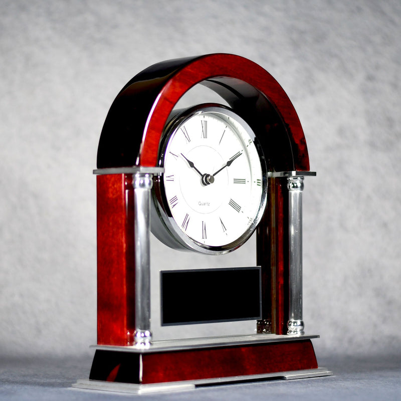 Rose Wood and Silver Arched Mantle Clock - Monarch Trophy Studio