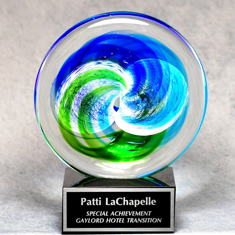 Circle Art Glass on Black Glass Base - Monarch Trophy Studio
