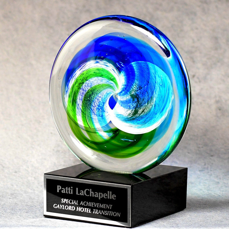Circle Art Glass on Black Glass Base - Monarch Trophy Studio