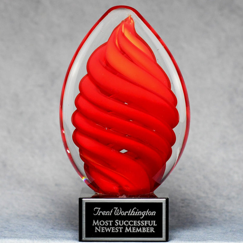 Red Swirl Egg on Black Glass Base - Monarch Trophy Studio