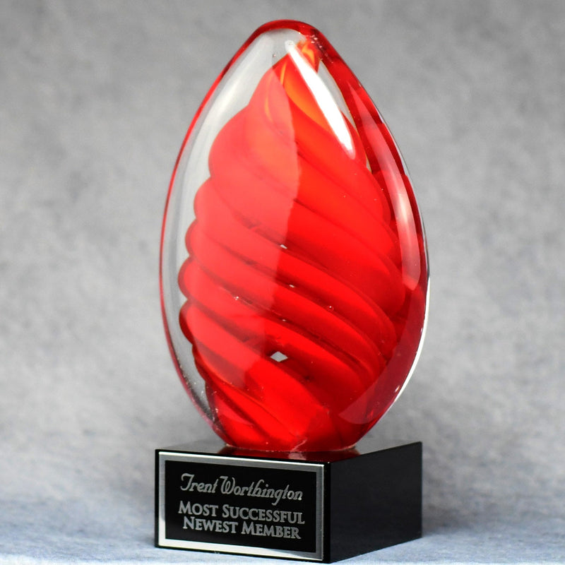 Red Swirl Egg on Black Glass Base - Monarch Trophy Studio