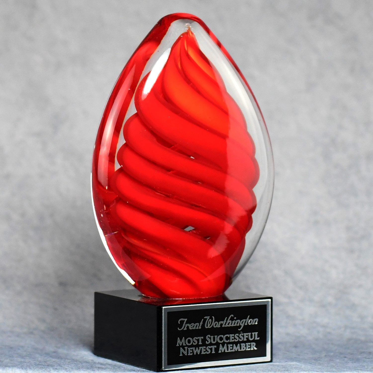 Red Swirl Egg on Black Glass Base - Monarch Trophy Studio