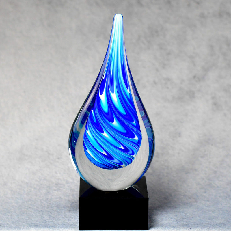 Blue/White Teardrop on Black Glass Base - Monarch Trophy Studio