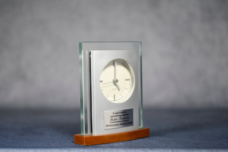 Desk Clock Silver/Maple - Monarch Trophy Studio