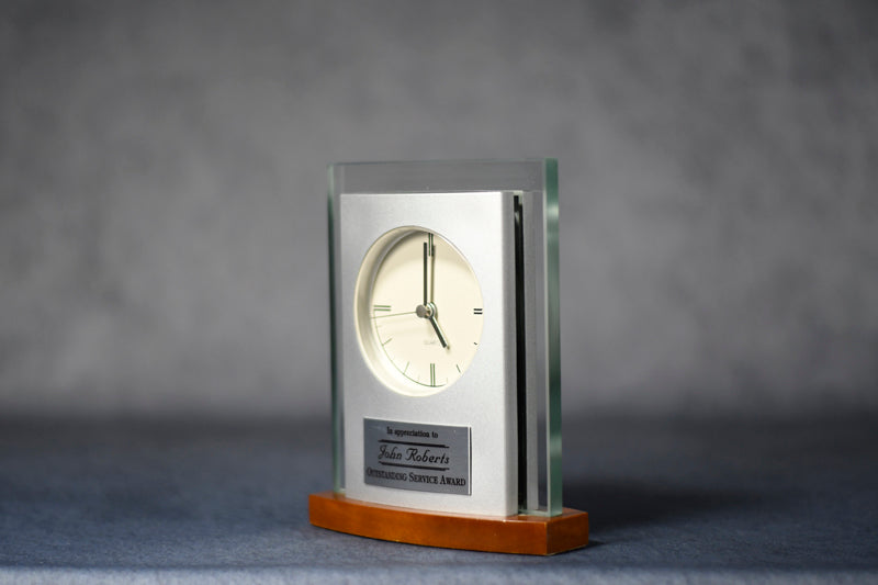 Desk Clock Silver/Maple - Monarch Trophy Studio