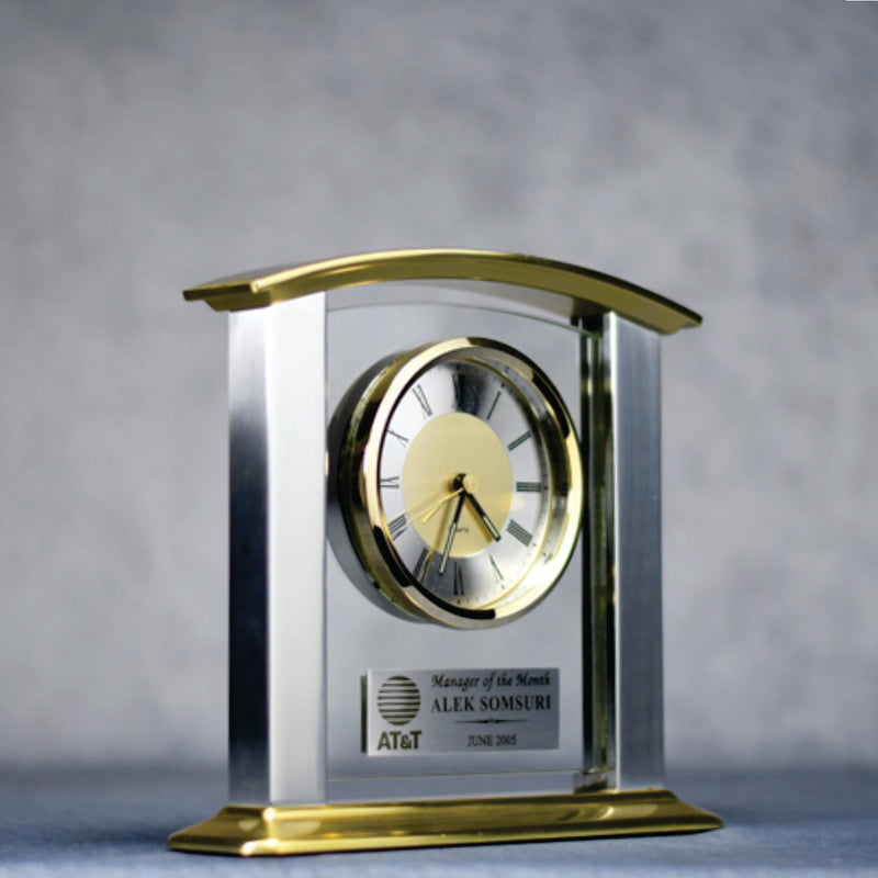 Clock Glass/Sil Brass with Pl - Monarch Trophy Studio