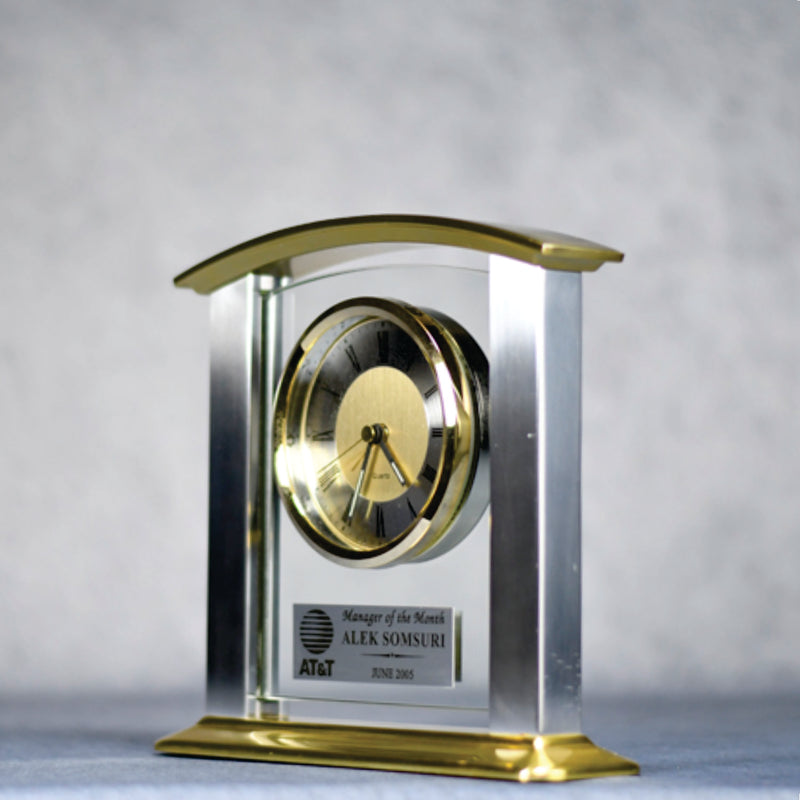Clock Glass/Sil Brass with Pl - Monarch Trophy Studio